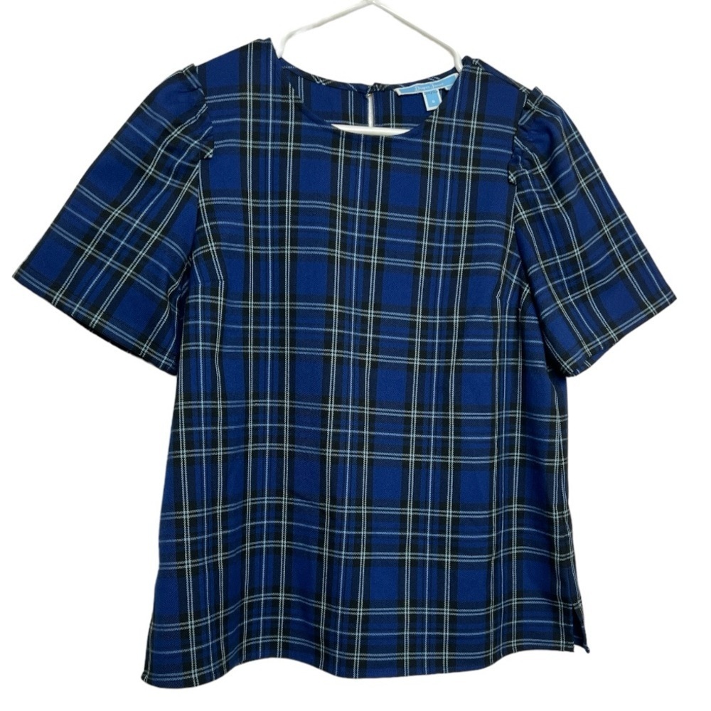 Draper James Blue Plaid Blouse Puff Sleeve Size 8 - Picture 1 of 9